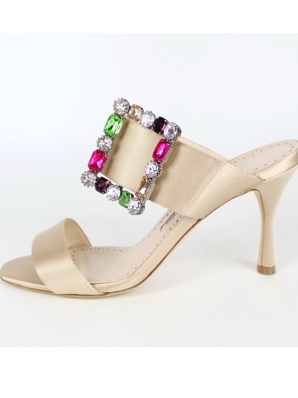 NEW MANOLO BLAHNIK Verda 90 Satin Sandals, Nude, EU38.5, Wide Strap